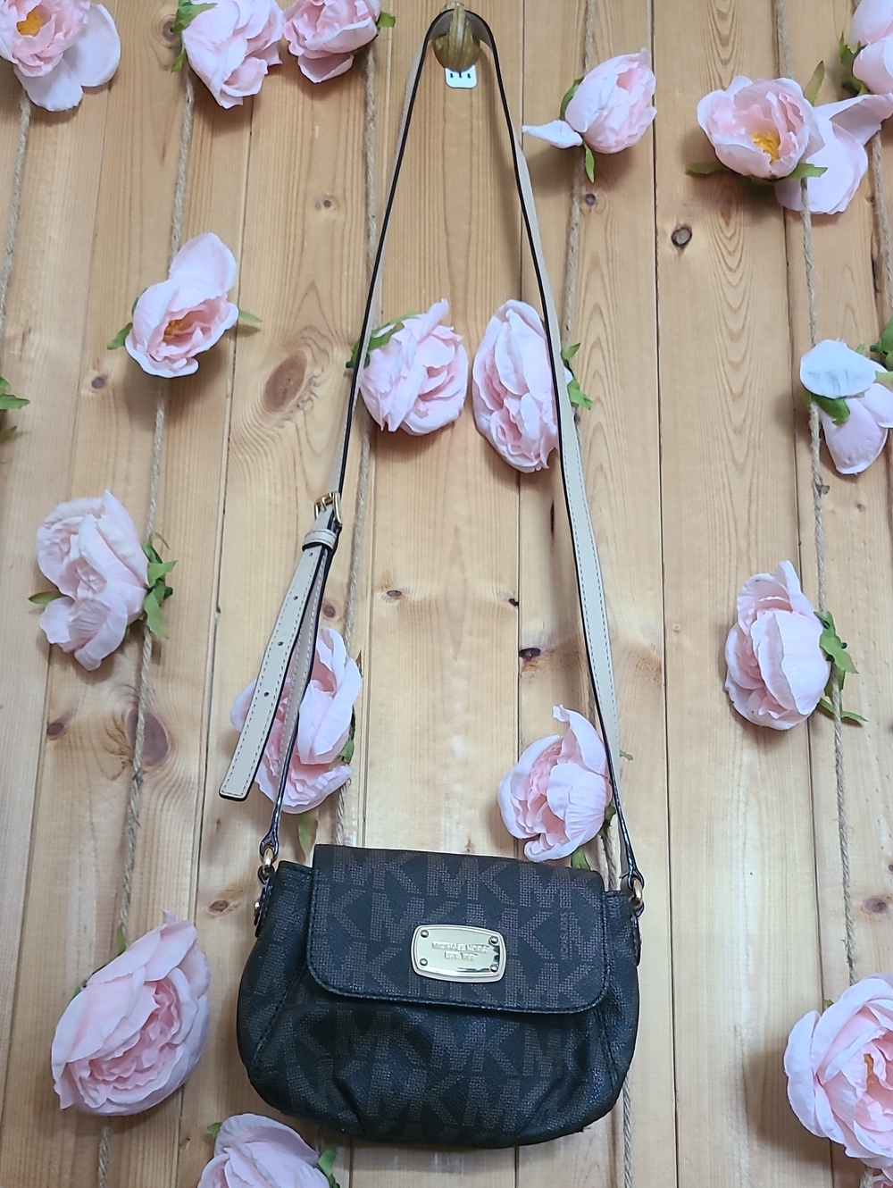 Michael Kors Brown/Black Logo Crossbody with Cream Strap